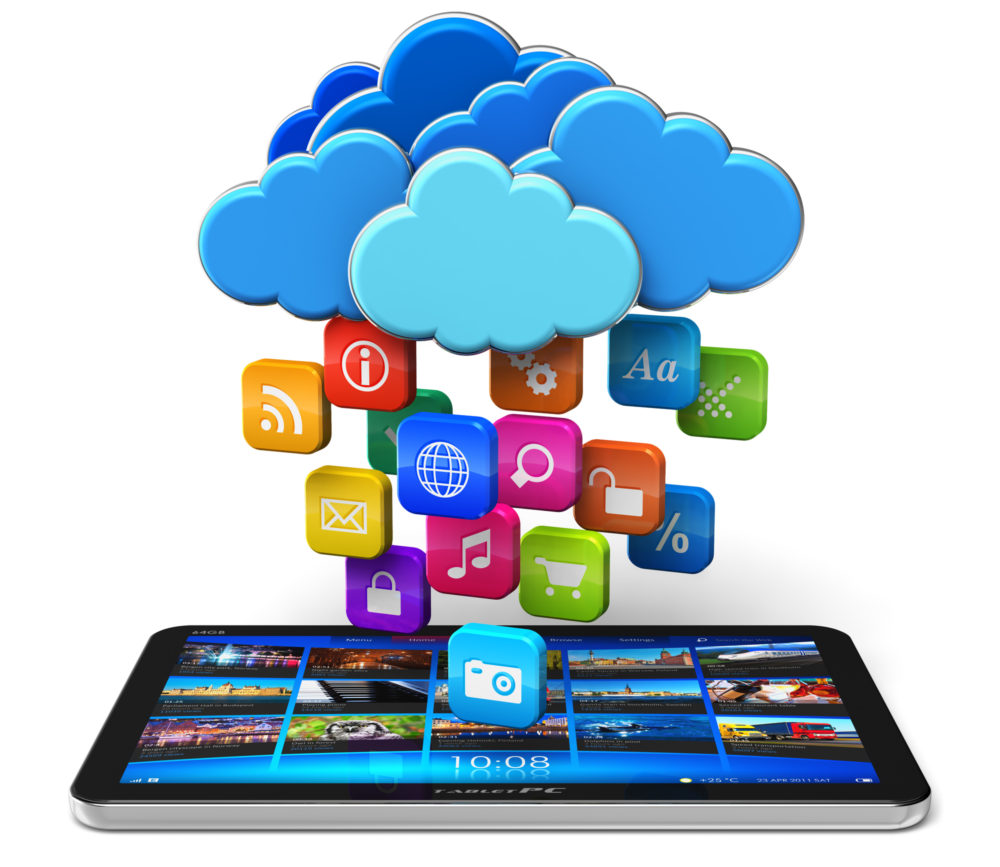 Cloud computing and mobility concept: tablet PC and blue glossy clouds with lot of color application icons isolated on white background